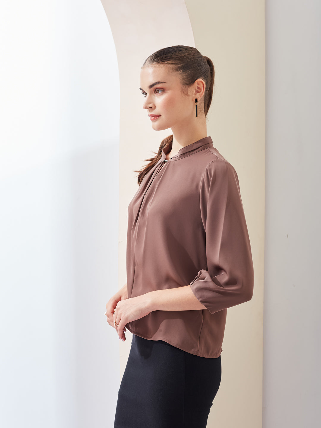 Latin Quarters Women Brown Solid Mandarin Collar 3/4th Sleeve Casual Regular Top
