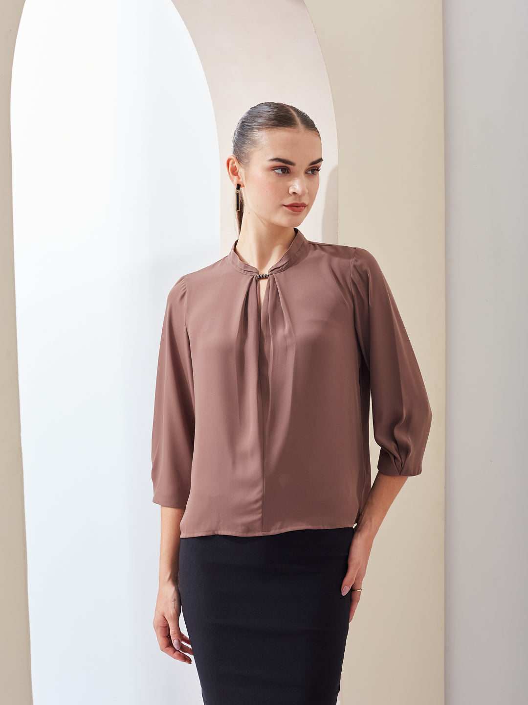 Latin Quarters Women Brown Solid Mandarin Collar 3/4th Sleeve Casual Regular Top