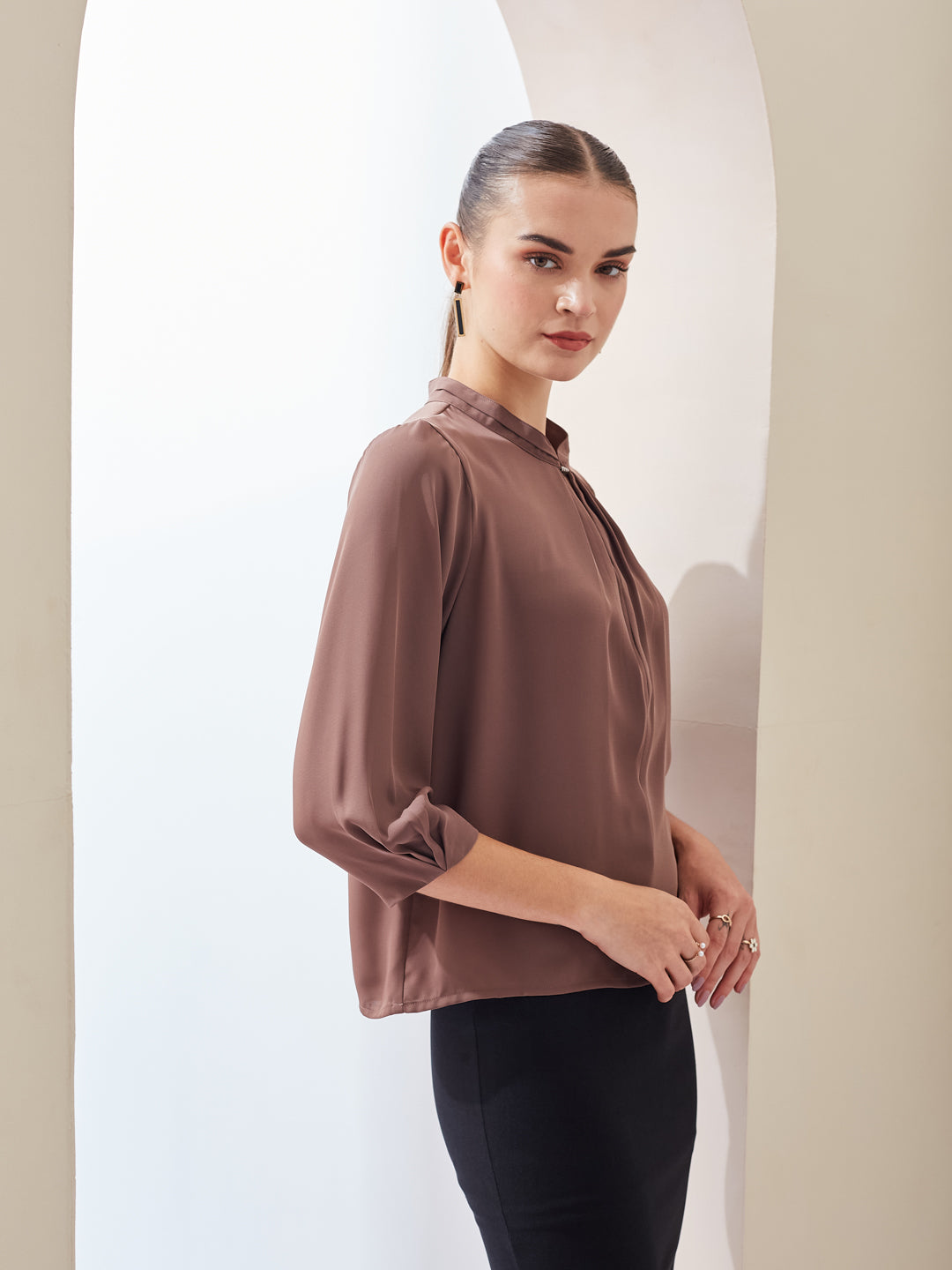 Latin Quarters Women Brown Solid Mandarin Collar 3/4th Sleeve Casual Regular Top