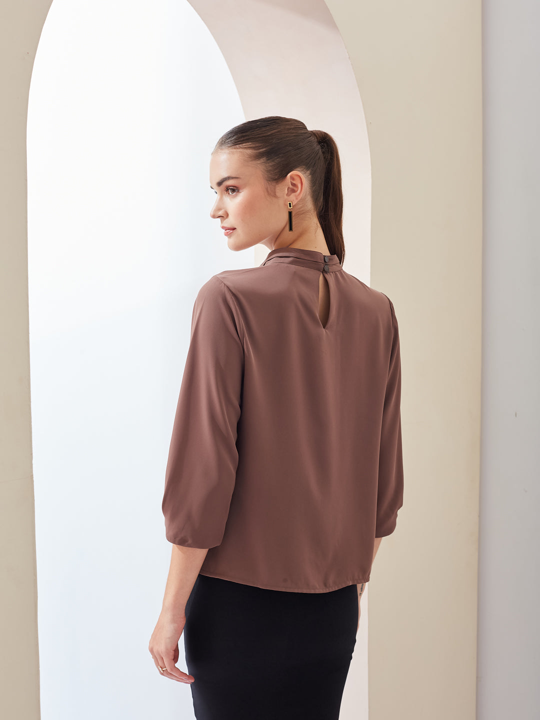 Latin Quarters Women Brown Solid Mandarin Collar 3/4th Sleeve Casual Regular Top