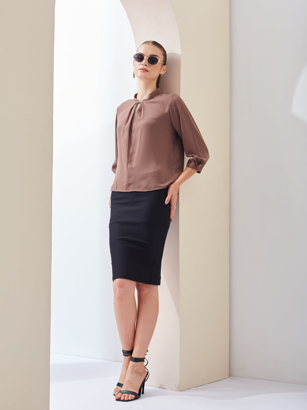 Latin Quarters Women Brown Solid Mandarin Collar 3/4th Sleeve Casual Regular Top