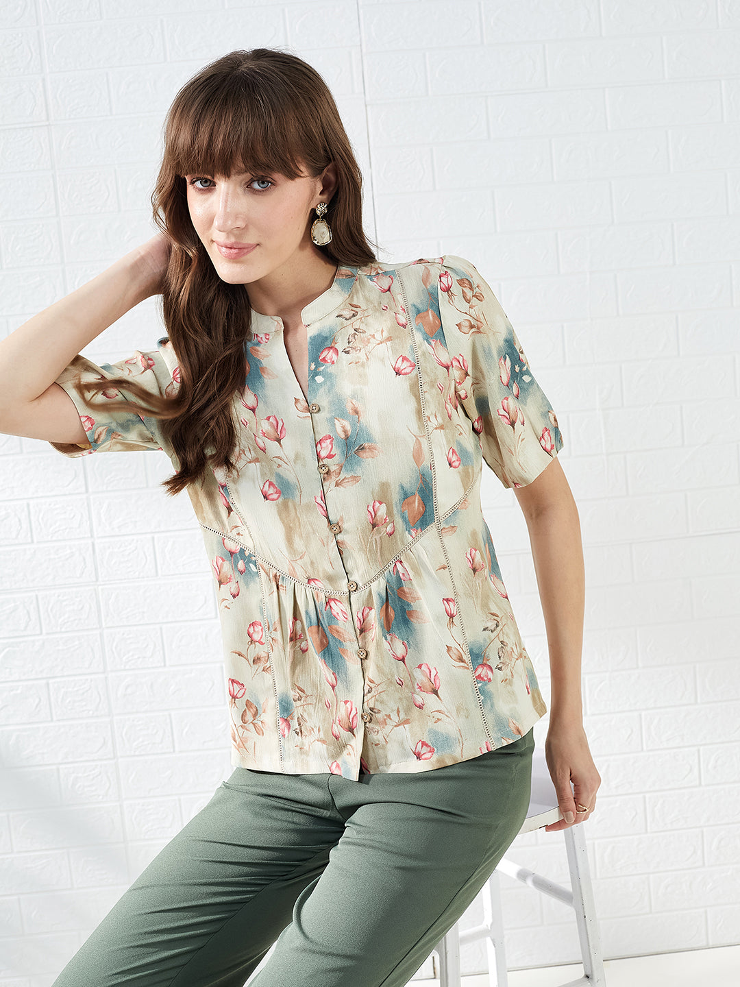 Latin Quarters Women's Beige Half Sleeves Mandarin Collar Printed Casual Regular Shirt