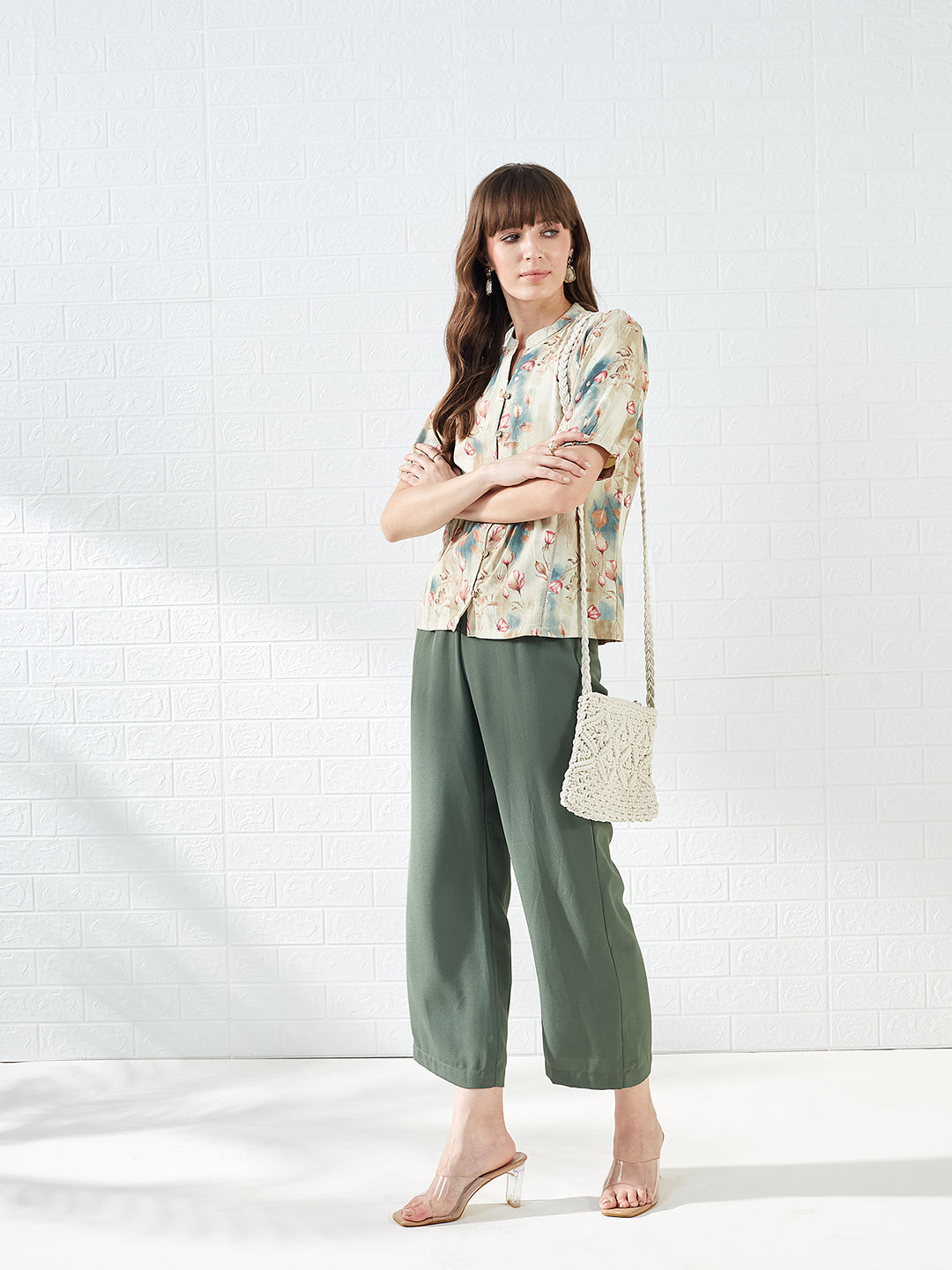 Latin Quarters Women's Beige Half Sleeves Mandarin Collar Printed Casual Regular Shirt