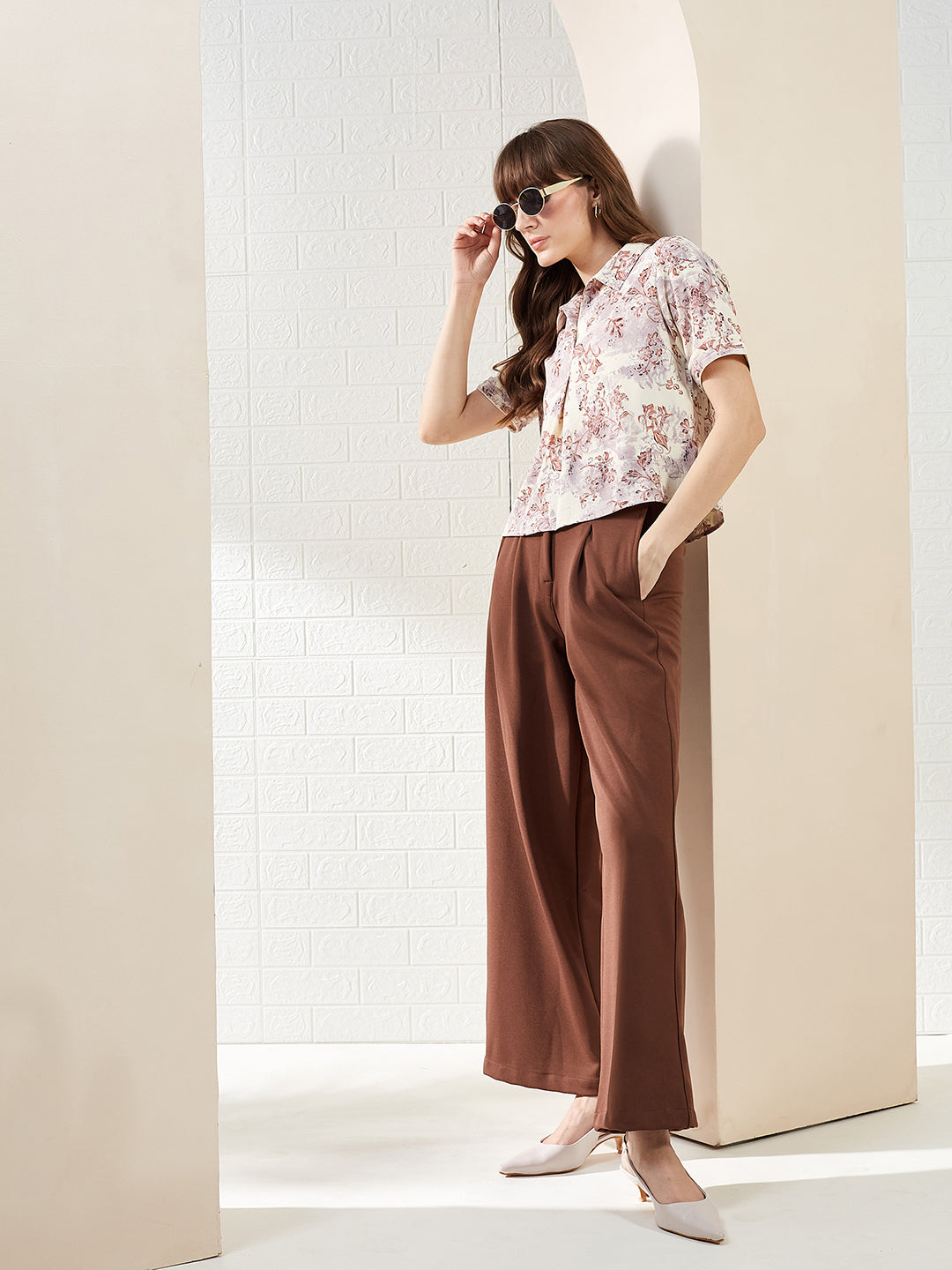 Latin Quarters Women's Brown Half Sleeves Collared Printed Casual Crop Top