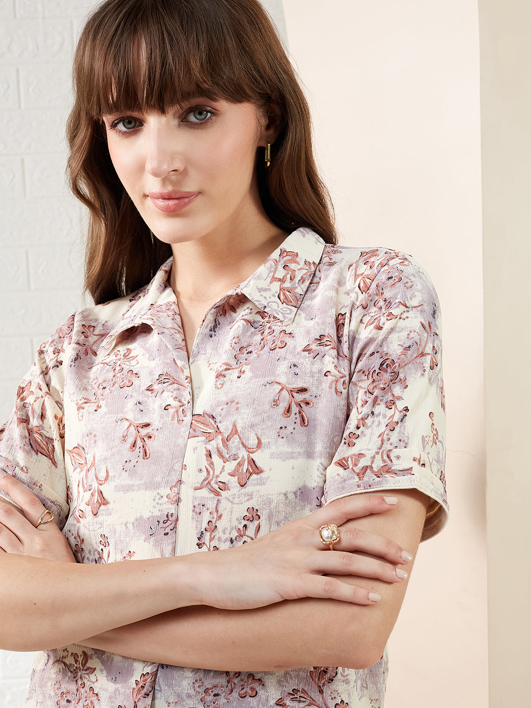 Latin Quarters Women's Brown Half Sleeves Collared Printed Casual Crop Top