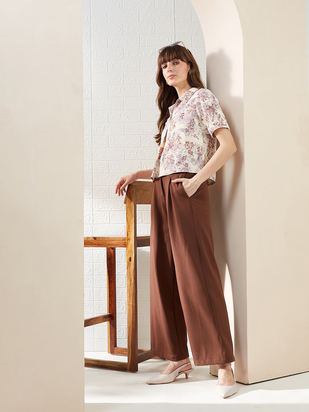 Latin Quarters Women's Brown Half Sleeves Collared Printed Casual Crop Top
