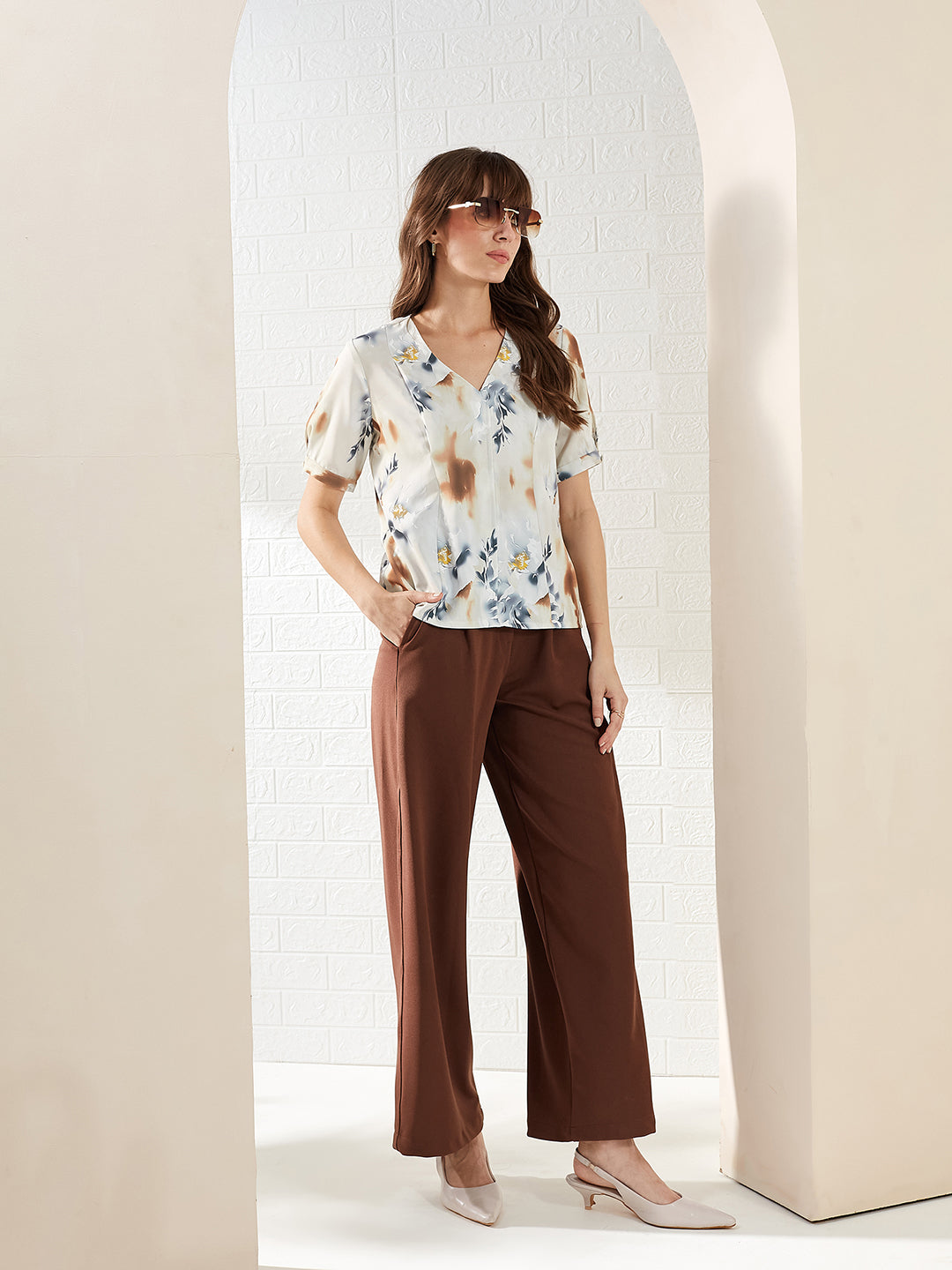 Latin Quarters Women's White Half Sleeves V-Neck Printed Casual Regular Top