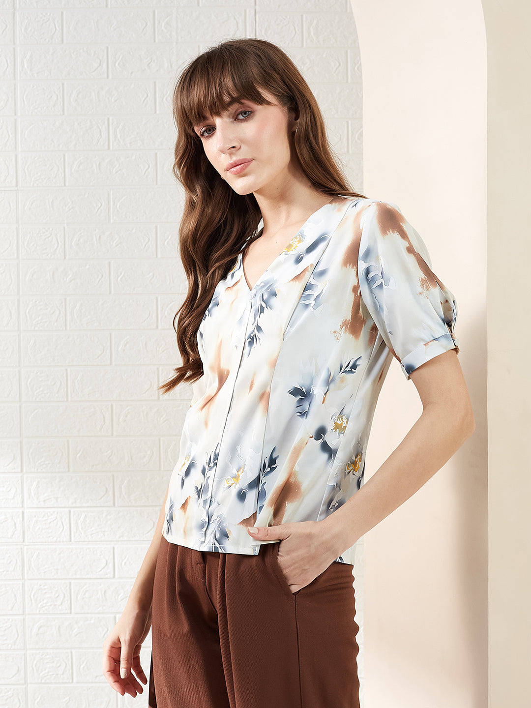 Latin Quarters Women's White Half Sleeves V-Neck Printed Casual Regular Top