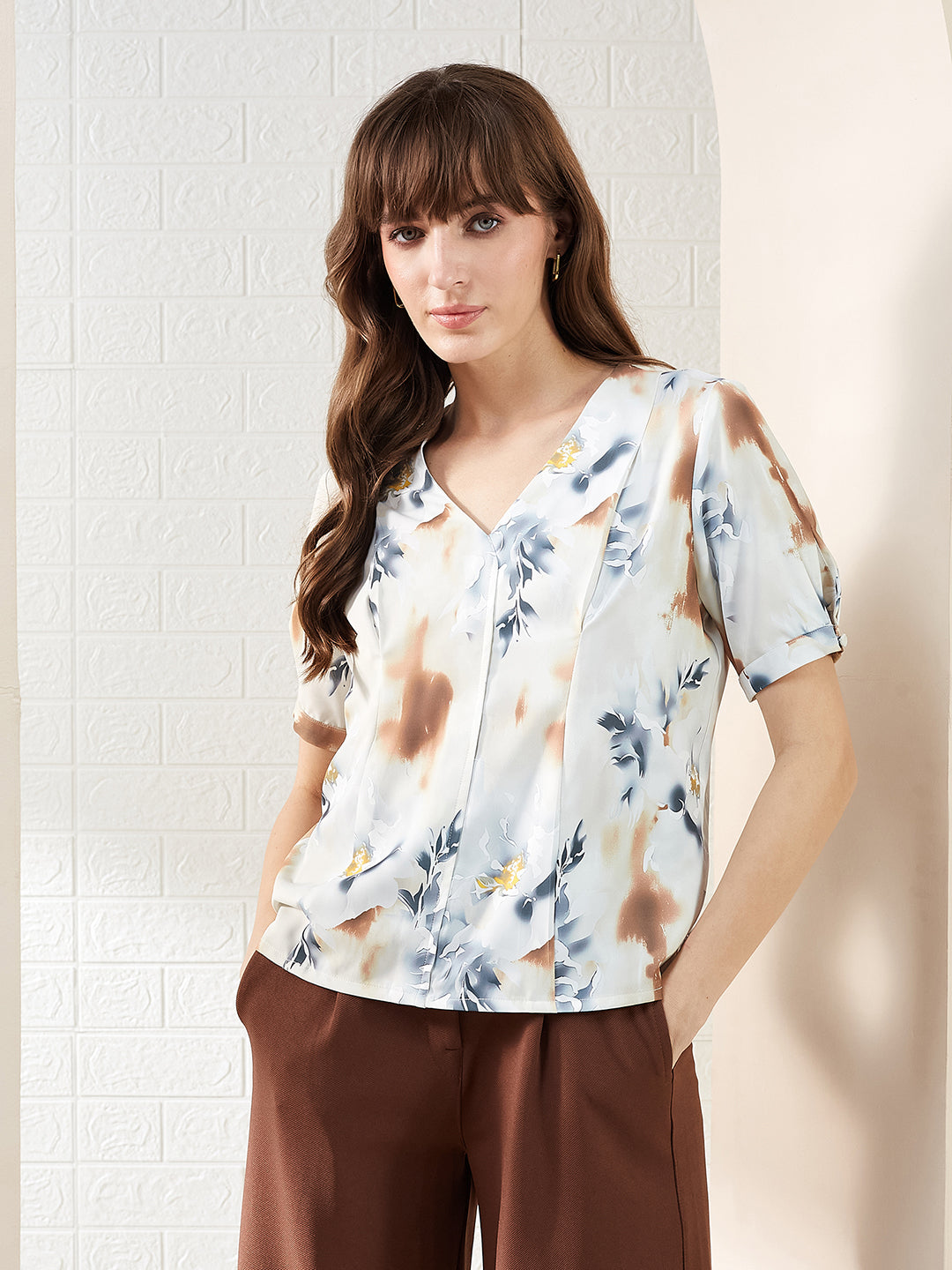 Latin Quarters Women's White Half Sleeves V-Neck Printed Casual Regular Top