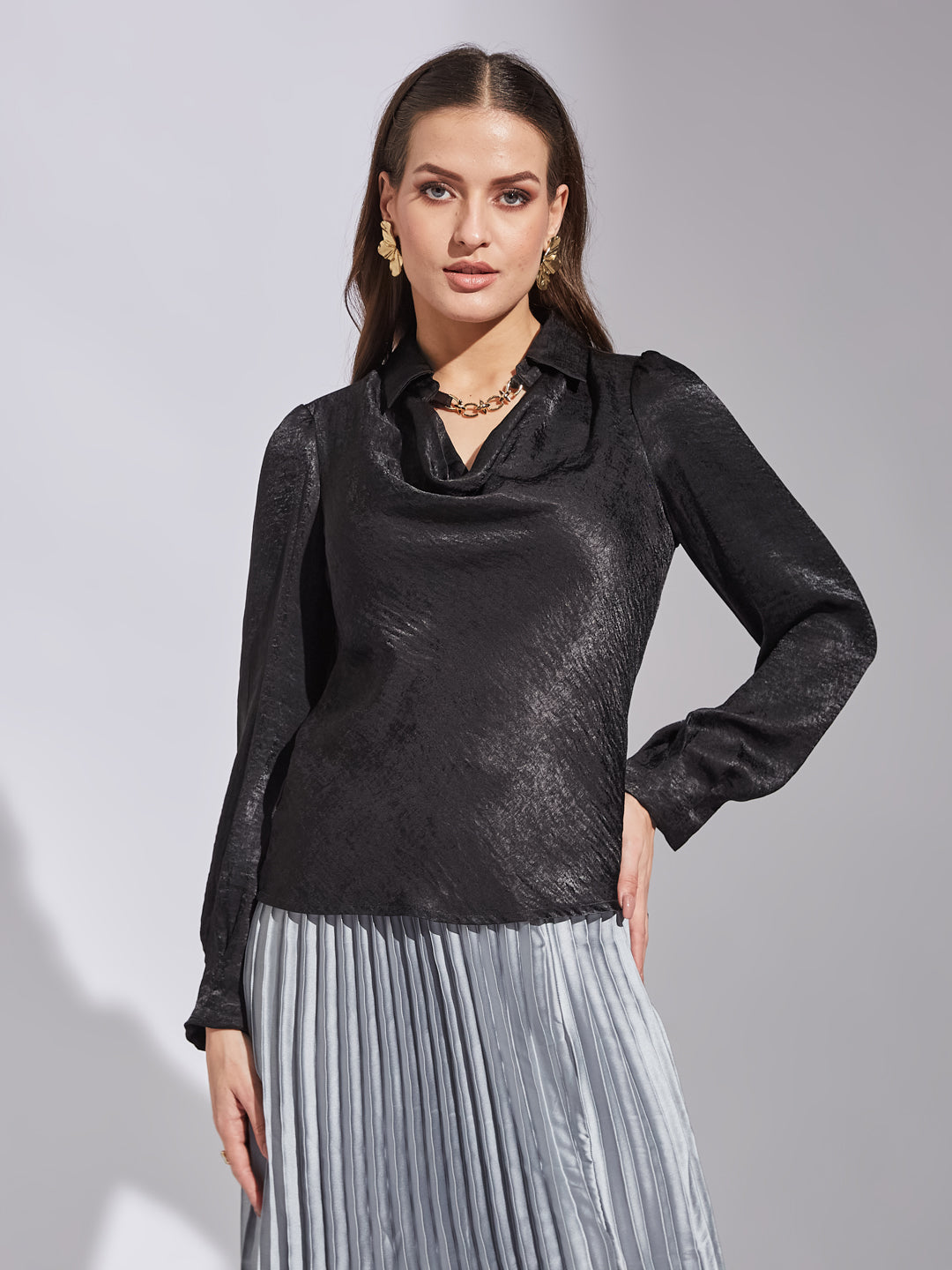 Latin Quarters Women's Black Full Sleeves Cowl Self Design Casual Regular Top
