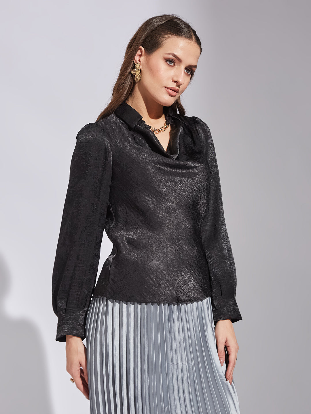 Latin Quarters Women's Black Full Sleeves Cowl Self Design Casual Regular Top