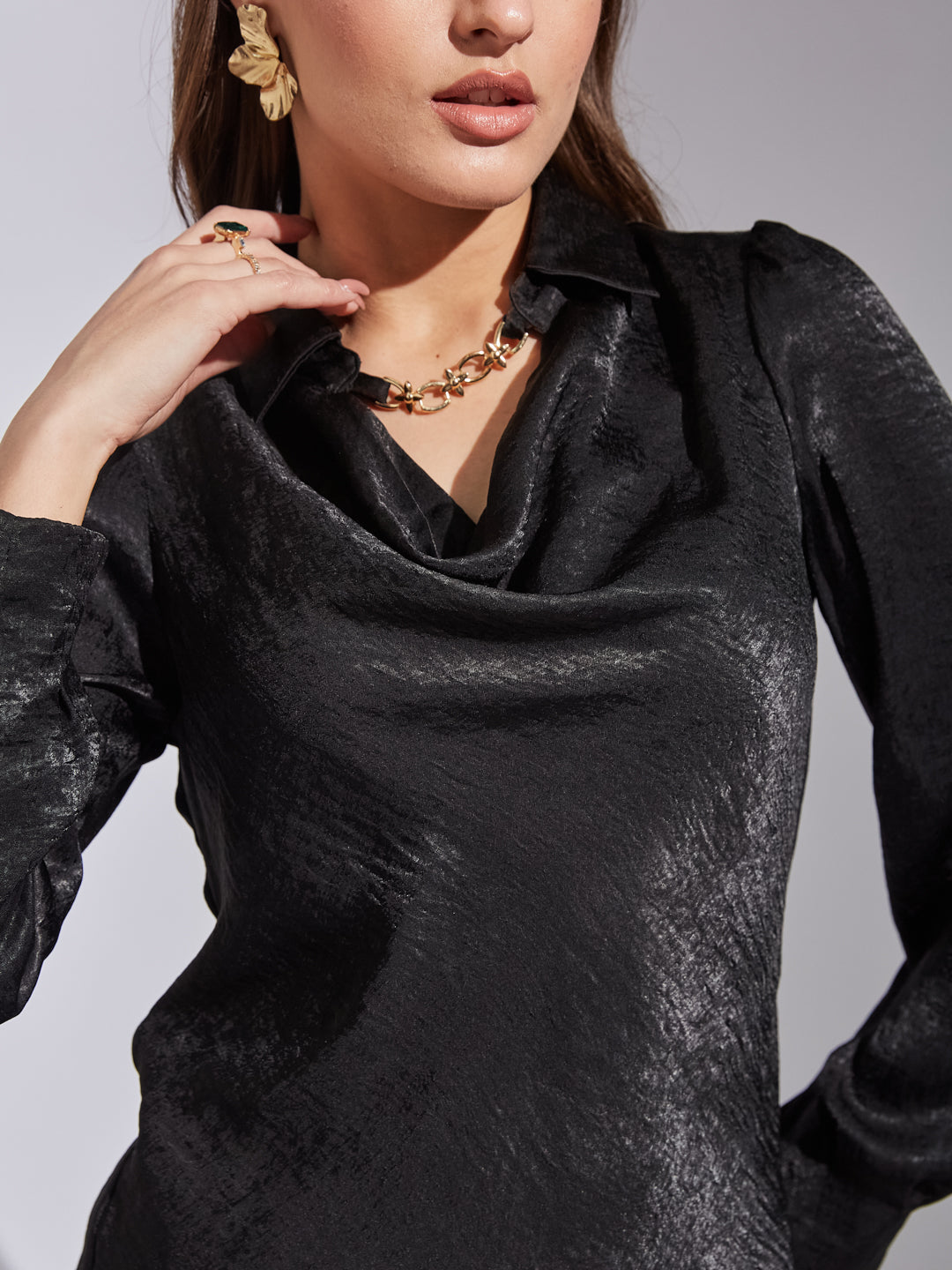 Latin Quarters Women's Black Full Sleeves Cowl Self Design Casual Regular Top