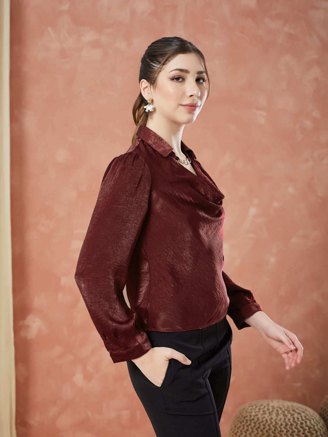 Latin Quarters Women's Maroon Solid Full Sleeves Cowl Neck Casual Top