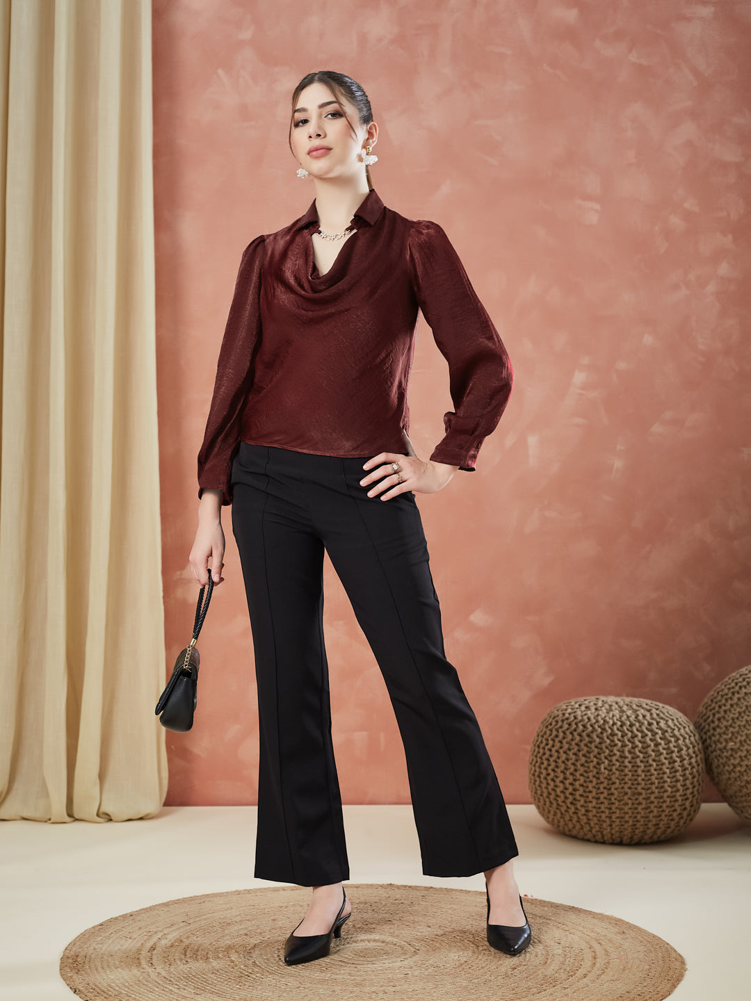 Latin Quarters Women's Maroon Solid Full Sleeves Cowl Neck Casual Top
