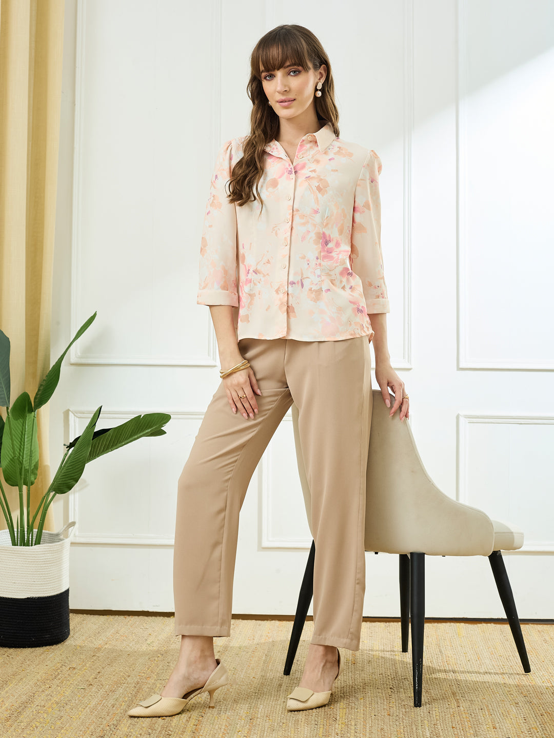 Latin Quarters Women's Peach 3/4th Sleeves Collar Neck Casual Printed Shirt