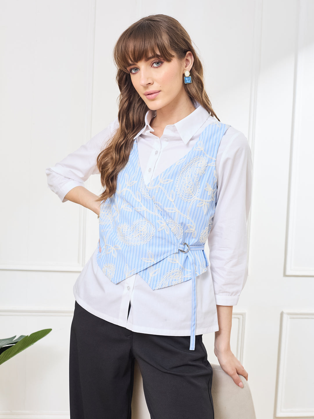Latin Quarters Women's Blue 3/4th Sleeves Collar Neck Casual Embroidery Shirt