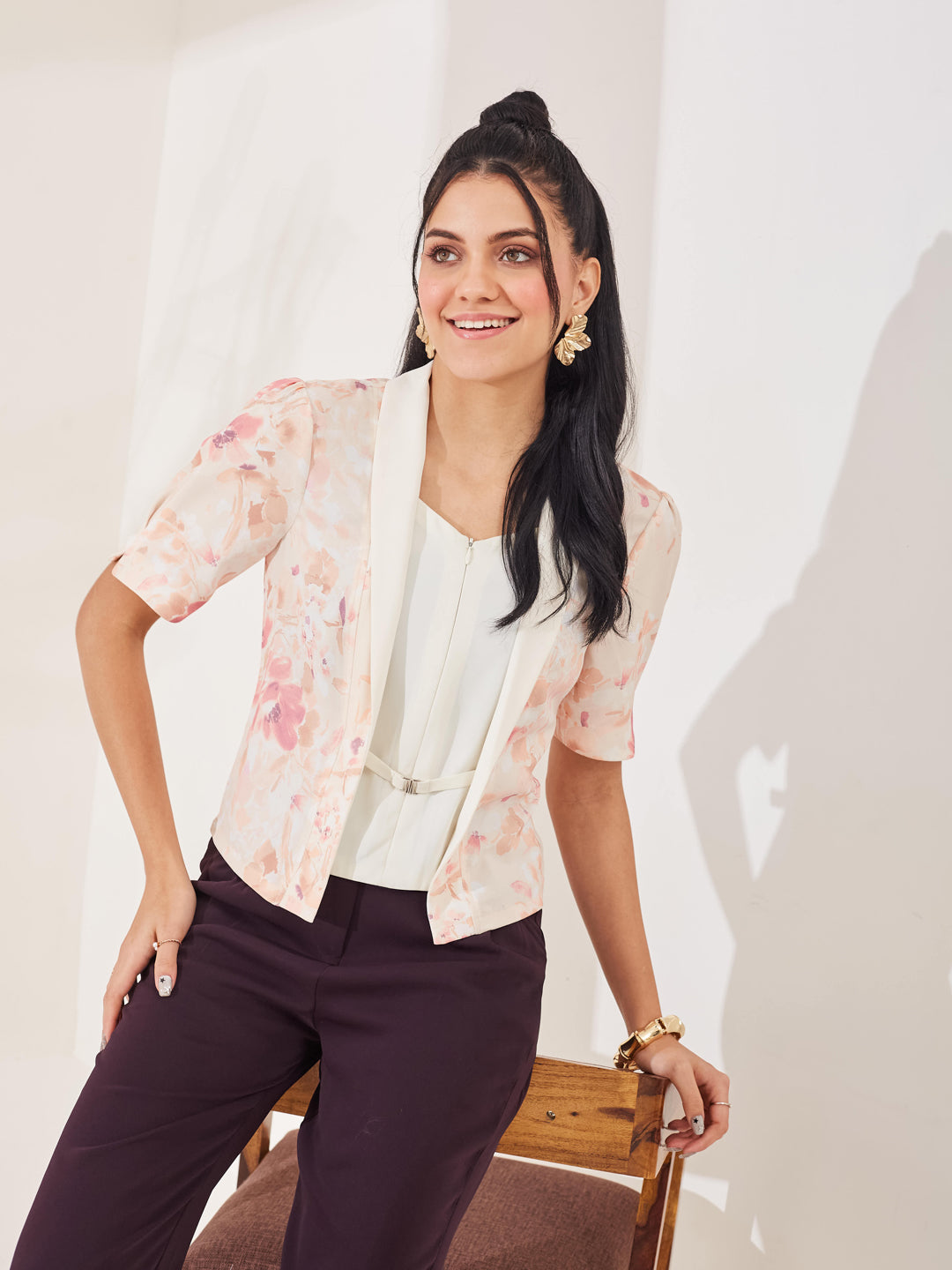 Latin Quarters Women's Peach Printed Half Sleeves V-Neck Casual Top