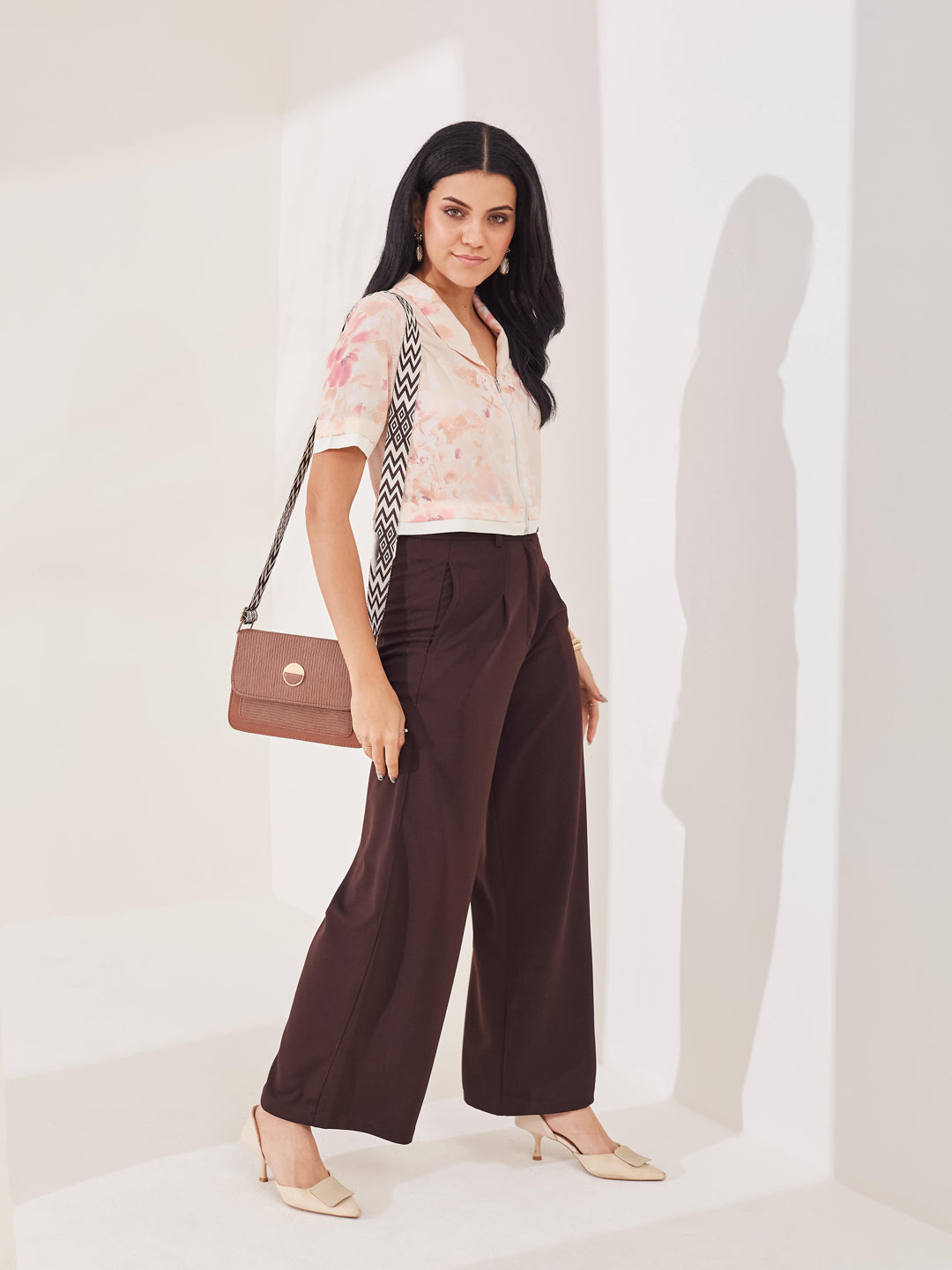 Latin Quarters Women's Peach Printed Half Sleeves Collar Neck Casual Top