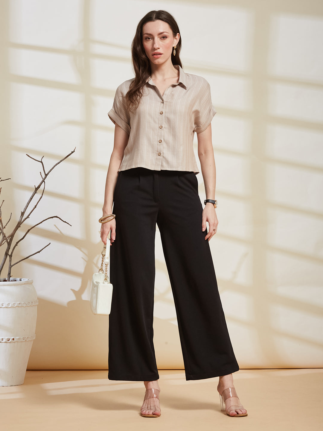 Latin Quarters Women's Beige Striped Collared Cap Sleeve Casual Shirt