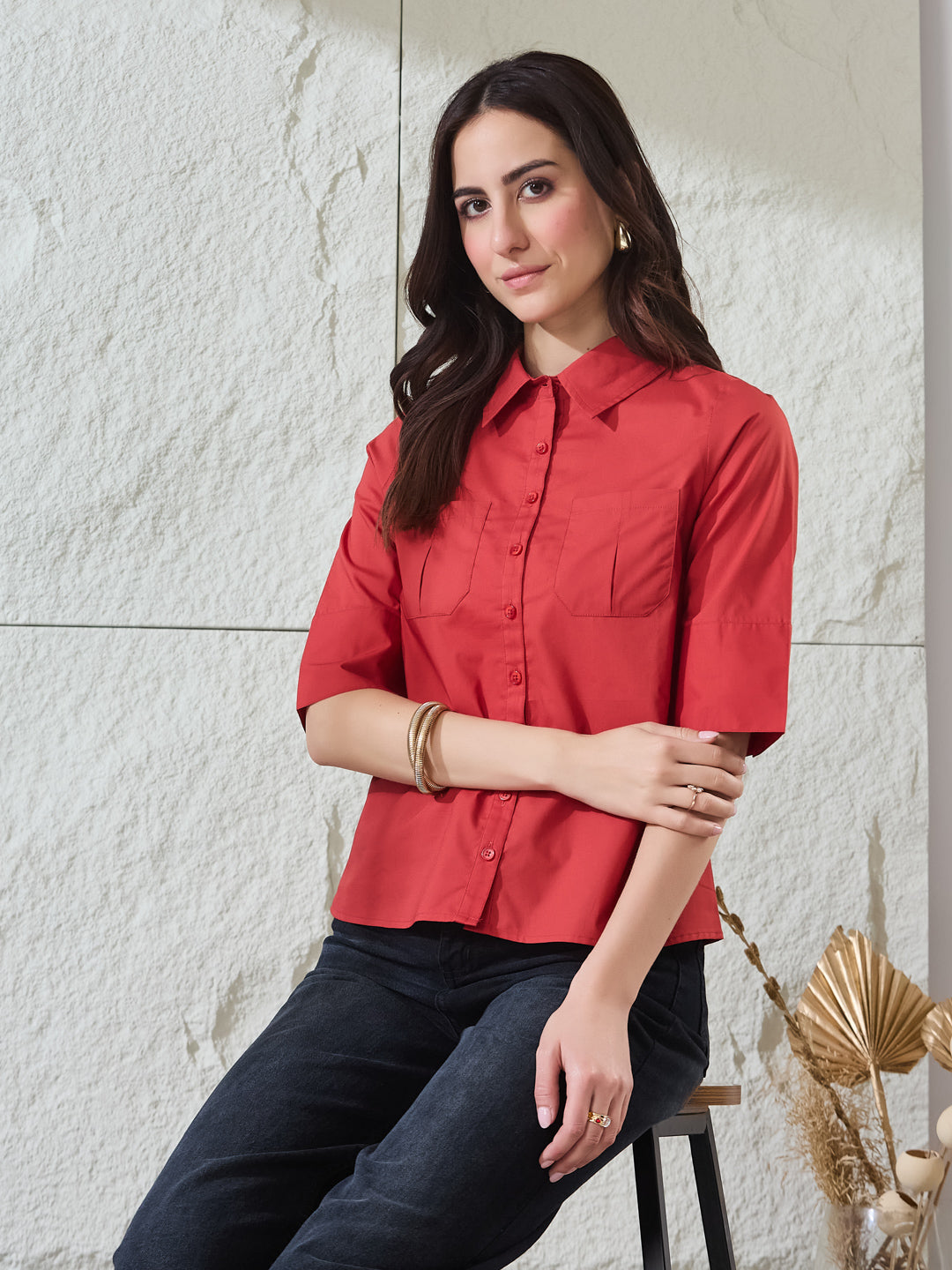 Latin Quarters Women's Red Solid Half Sleeves Collared Casual Shirt