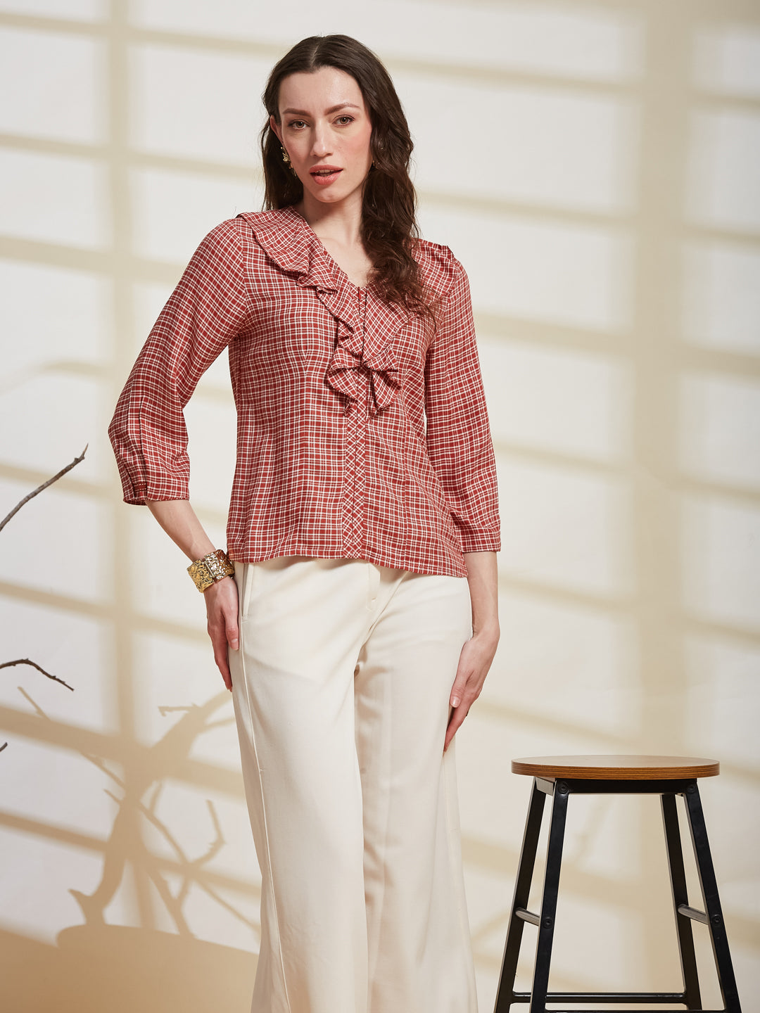 Latin Quarters Women's Red Checkered V-Neck 3/4Th Sleeve Casual Top
