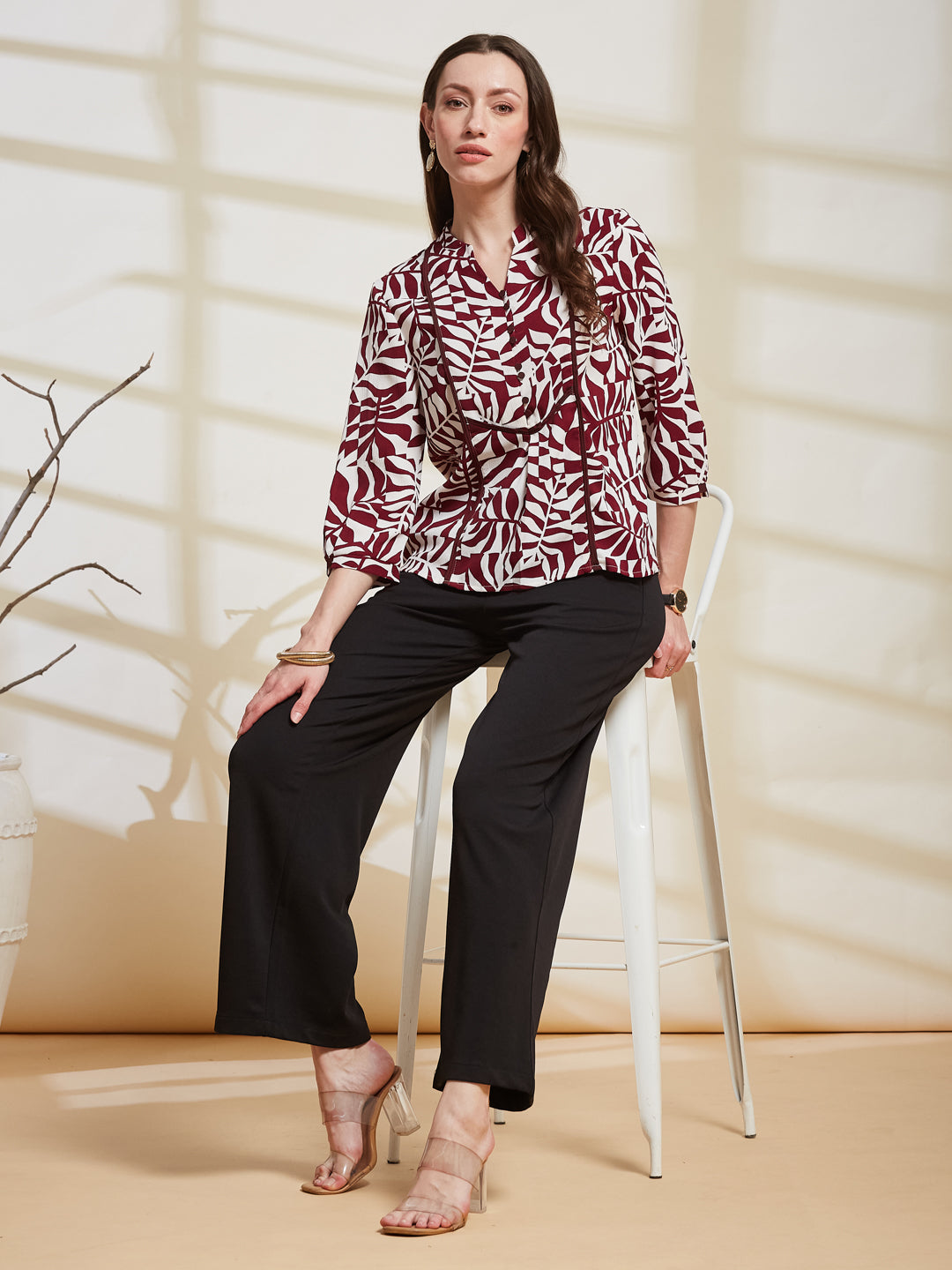Latin Quarters Women's Maroon Printed Mandarin Collar 3/4Th Sleeve Casual Top