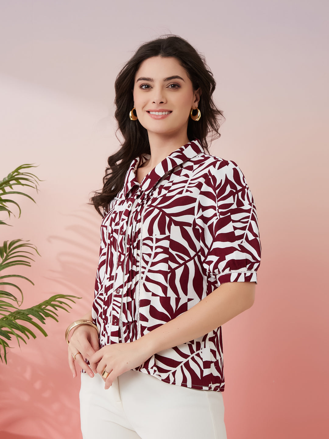 Latin Quarters Women's Maroon Printed Collar Neck Half Sleeves Casual Shirt