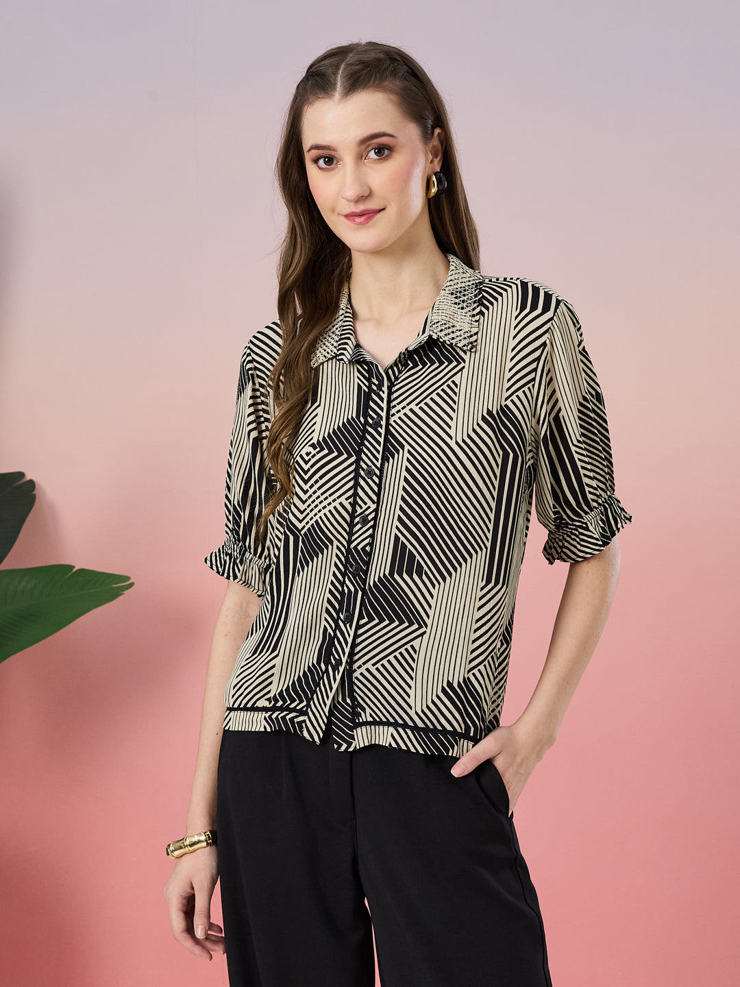 Latin Quarters Women's Black Printed Half Sleeve Collar Neck Casual Shirt