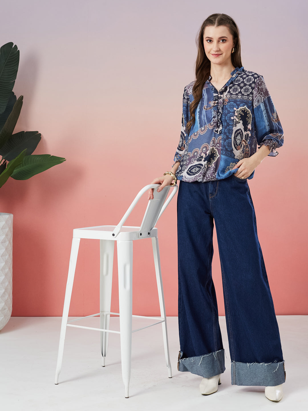 Latin Quarters Women's Blue Printed 3/4th Sleeve V-Neck Casual Top