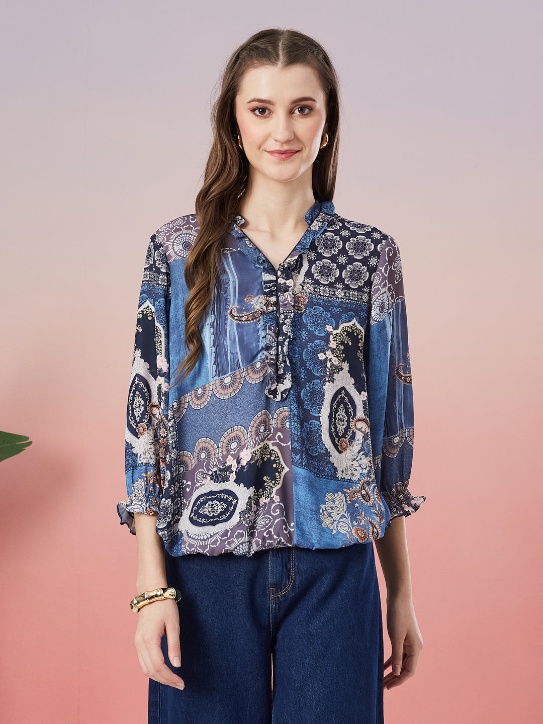 Latin Quarters Women's Blue Printed 3/4th Sleeve V-Neck Casual Top