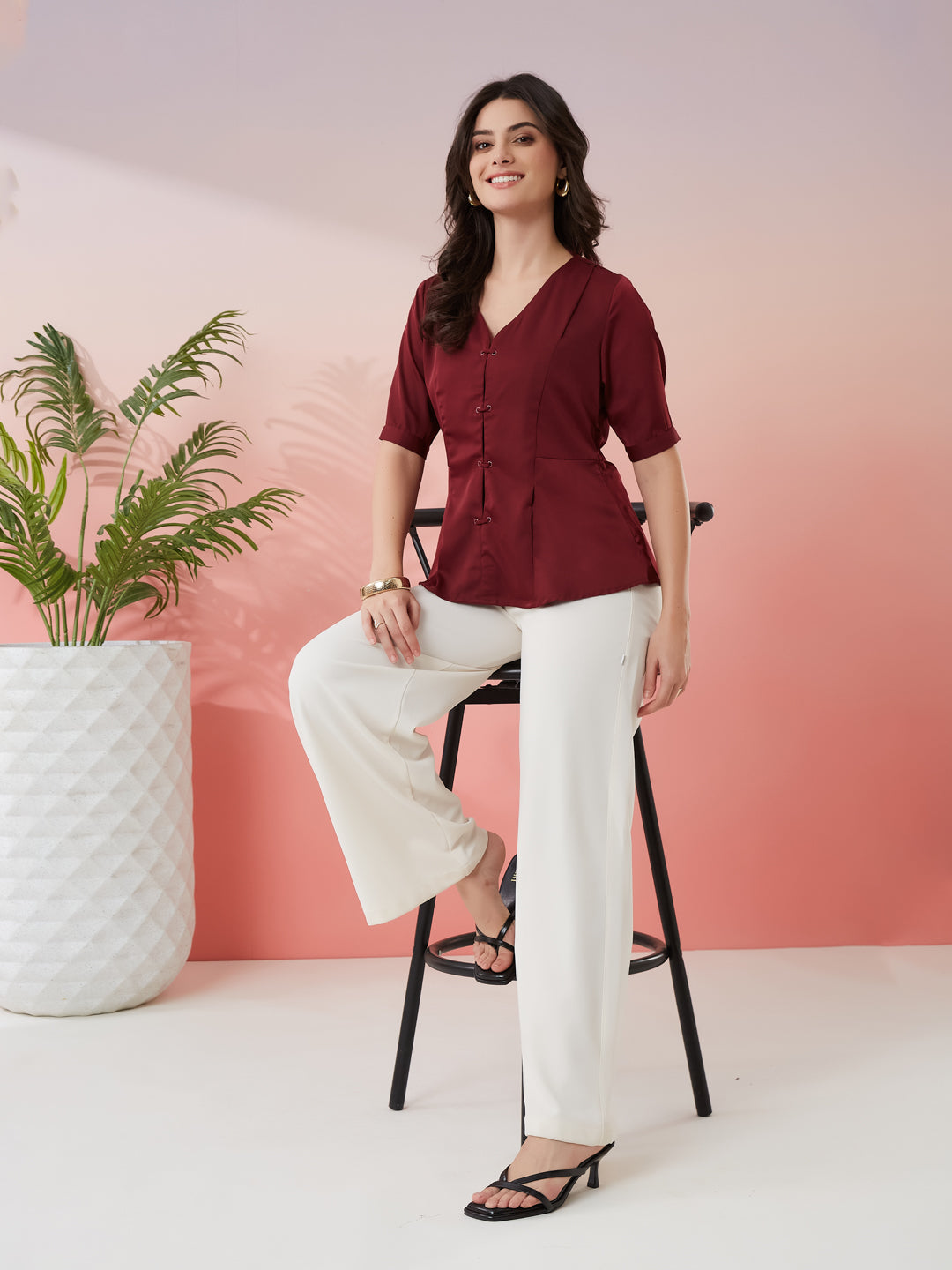 Latin Quarters Women's Maroon Solid V-Neck Half Sleeves Casual Top