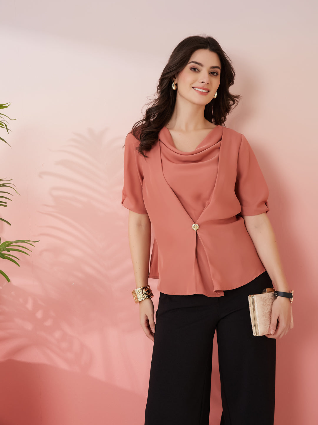 Latin Quarters Women's Peach Solid Cowl Neck Half Sleeves Casual Top
