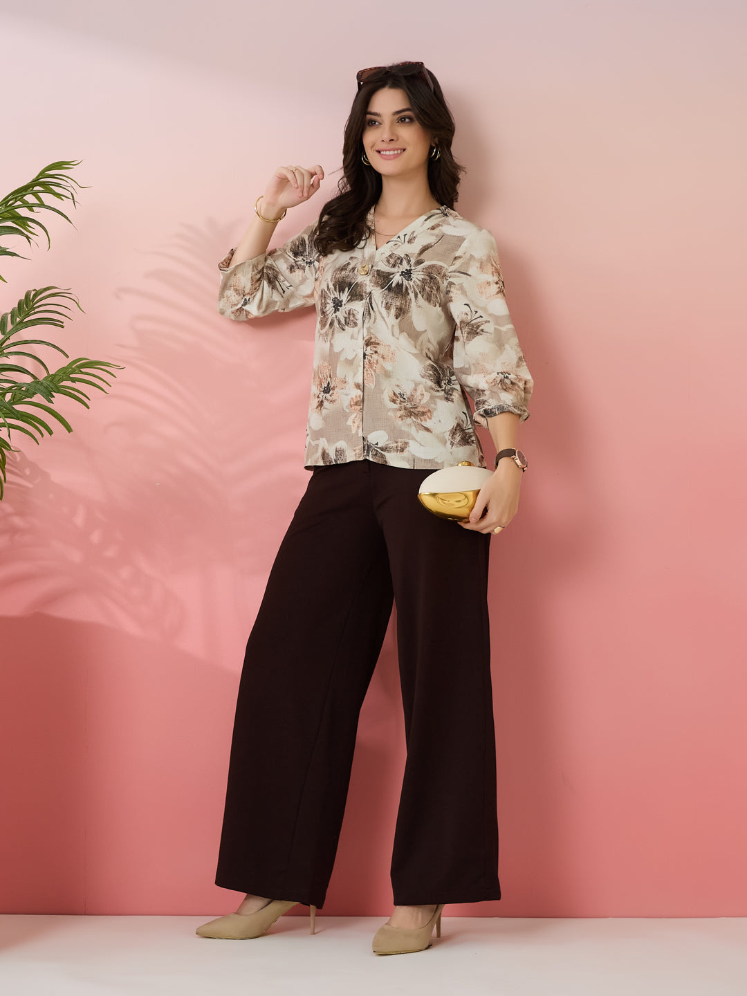 Latin Quarters Women's Beige Printed V-Neck 3/4th Sleeves Casual Top