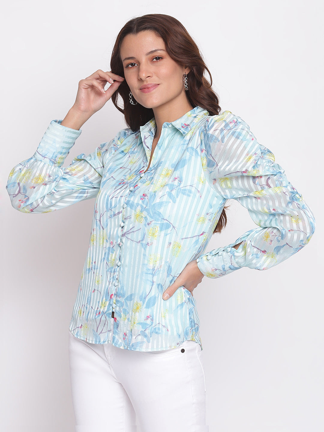 Blue Full Sleeve Printed Polyester Regular Top