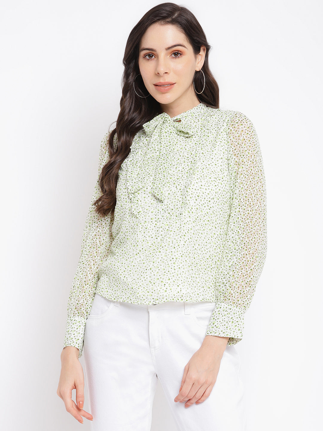 Green Full Sleeve Printed Polyester Blouse