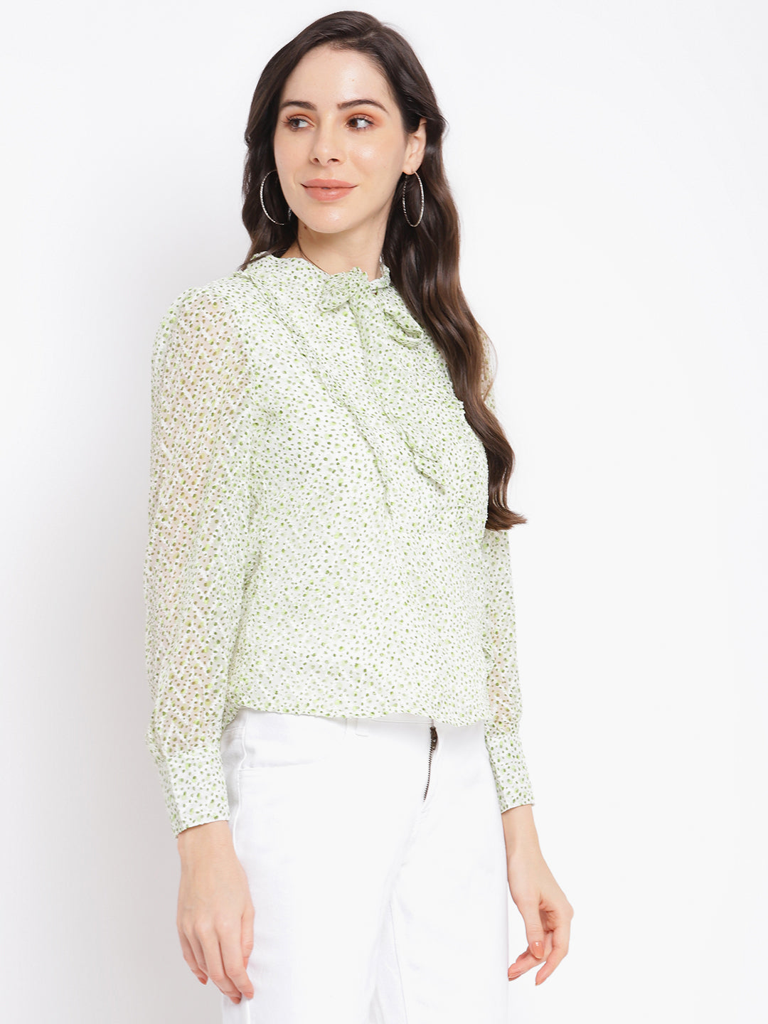 Green Full Sleeve Printed Polyester Blouse