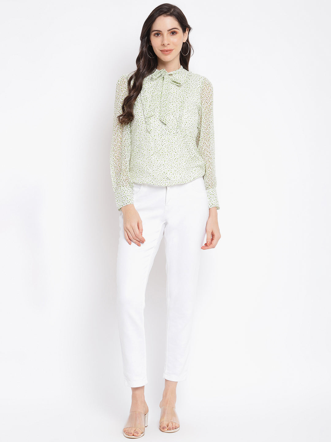 Green Full Sleeve Printed Polyester Blouse