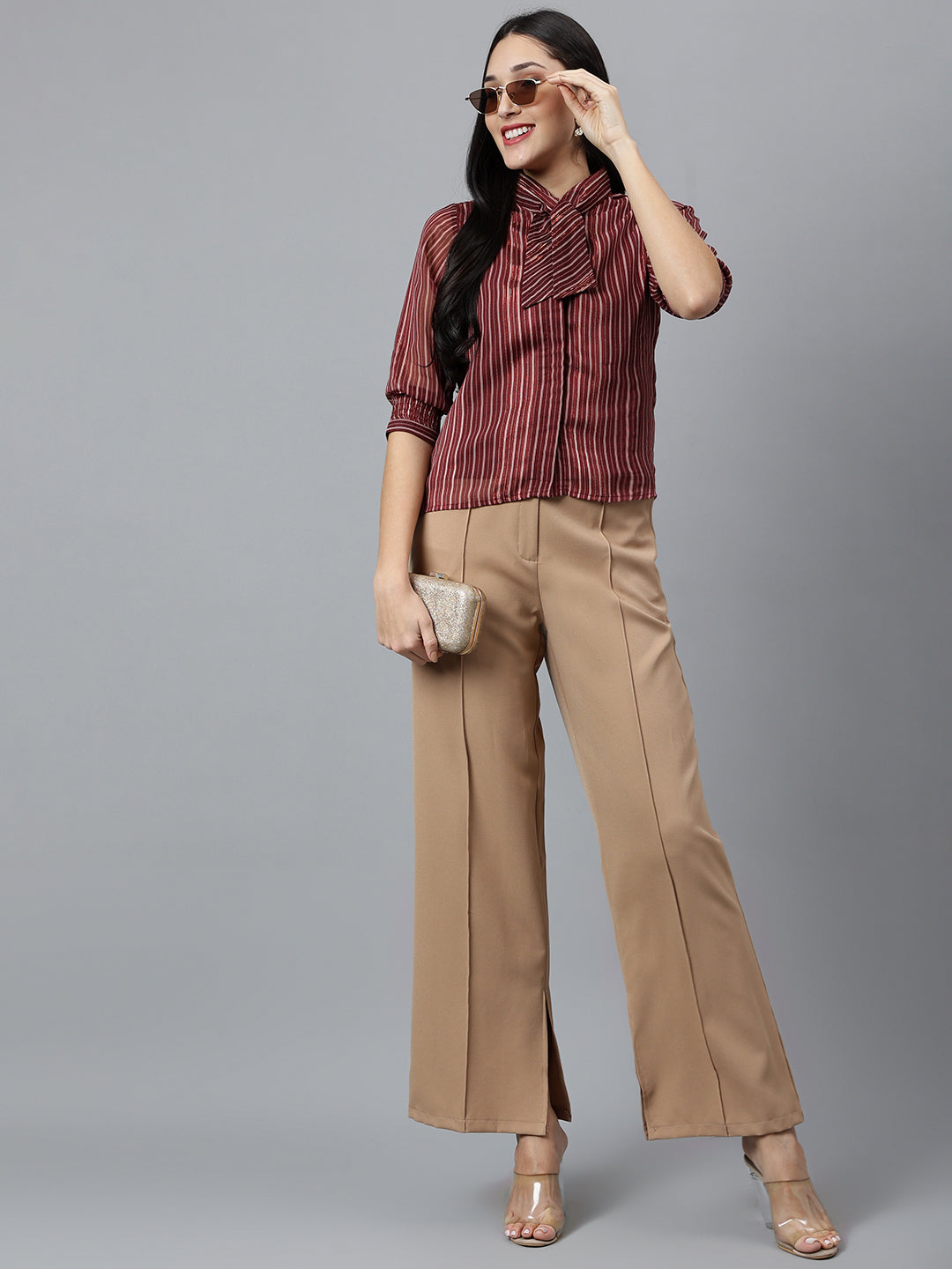 Maroon Solid 3/4 Sleeve Casual Blouse