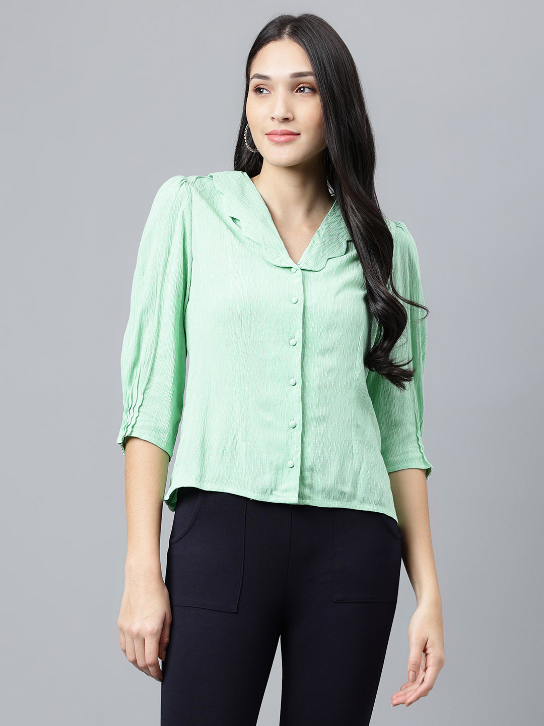 Green Solid 3/4 Sleeve Casual Blouse