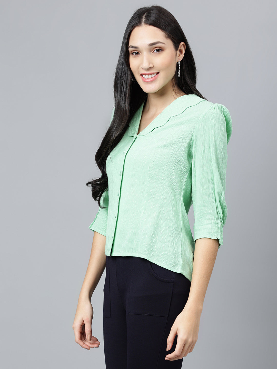 Green Solid 3/4 Sleeve Casual Blouse