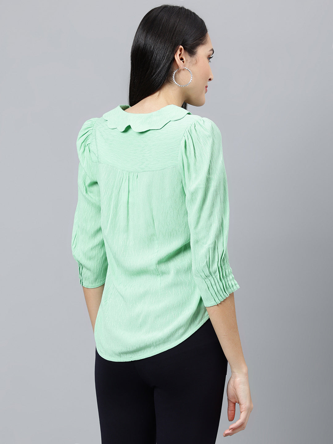 Green Solid 3/4 Sleeve Casual Blouse