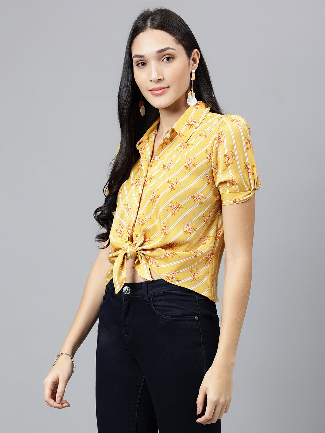 Yellow Printed Half Sleeve Casual Blouse