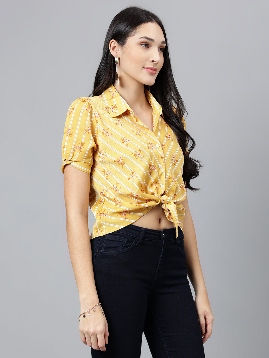 Yellow Printed Half Sleeve Casual Blouse