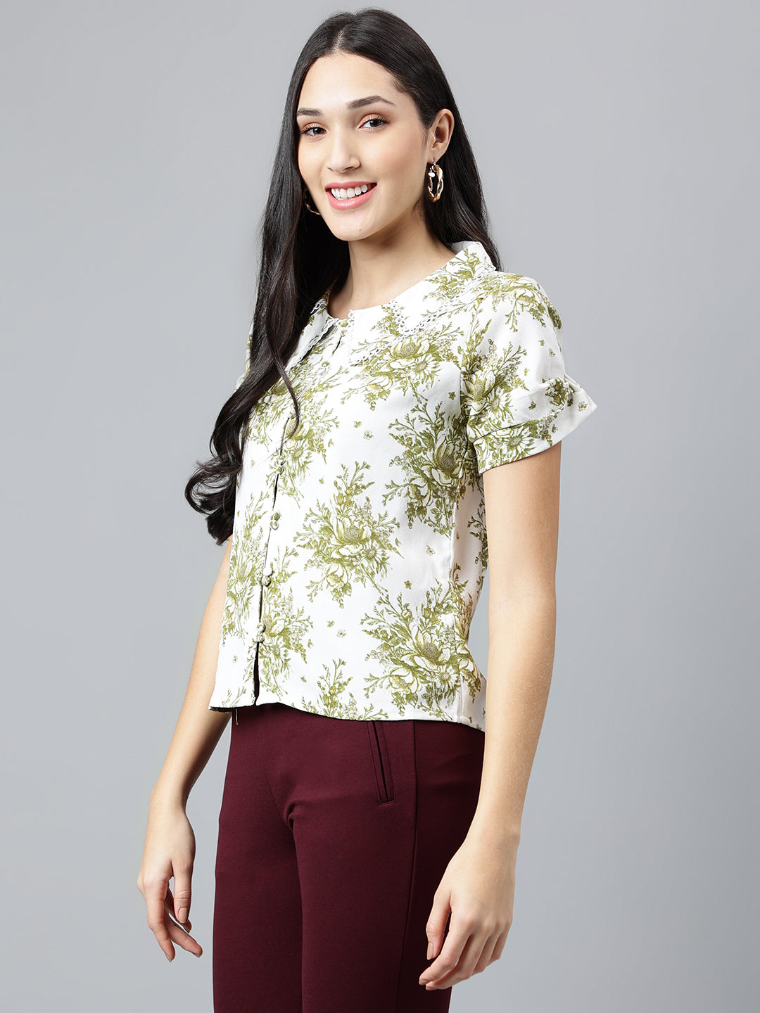 Green Printed Half Sleeves Casual Blouse