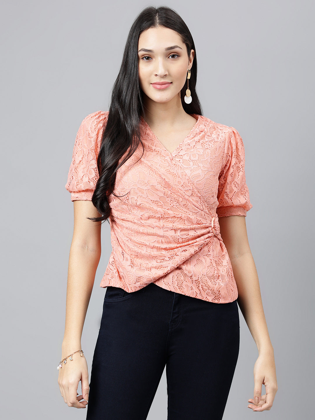 Peach Solid Half Sleeve Casual Blouse