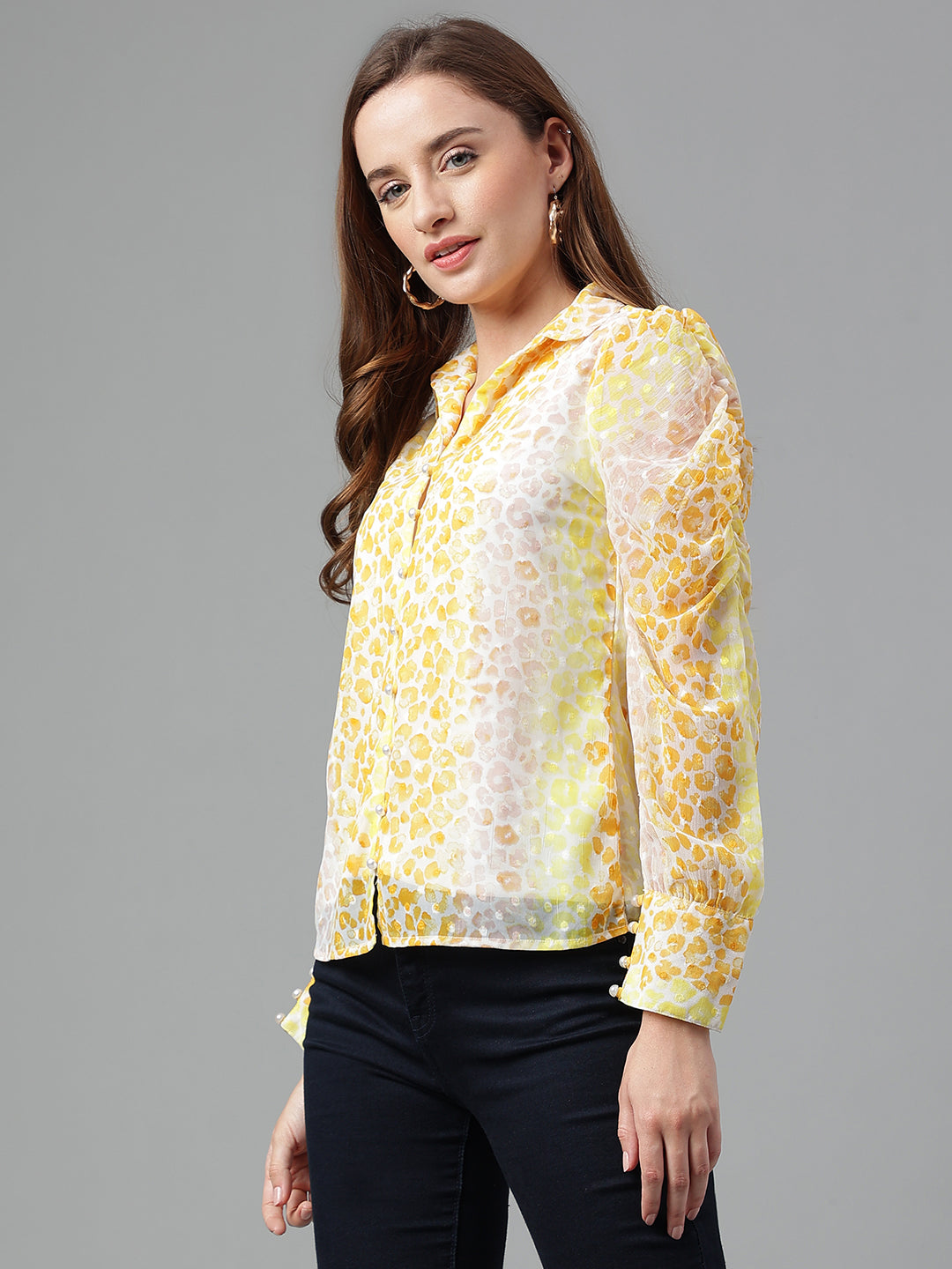 Yellow Full Sleeve Printed Blouse