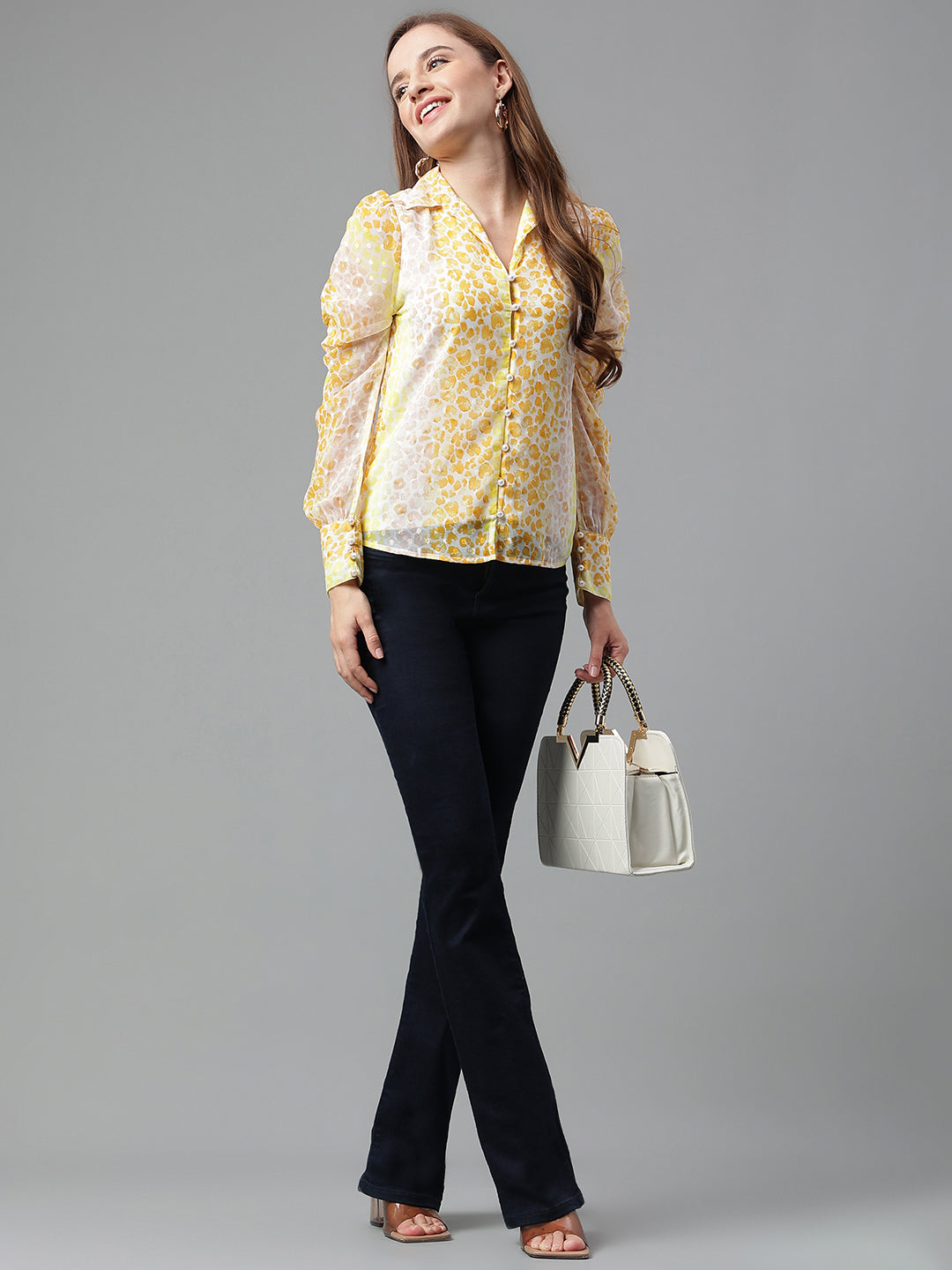 Yellow Full Sleeve Printed Blouse