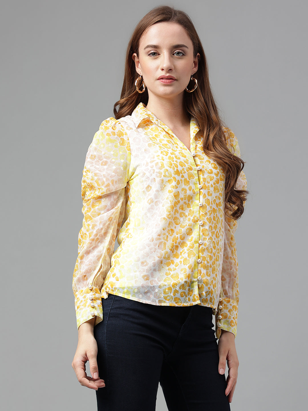 Yellow Full Sleeve Printed Blouse