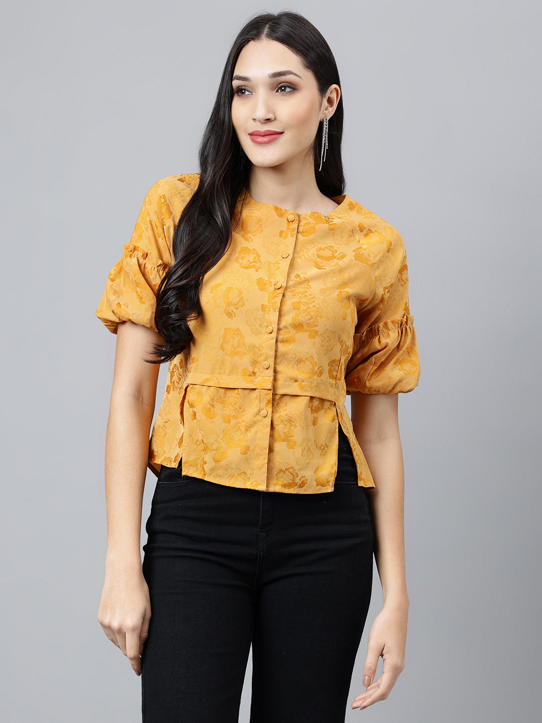Mustard Solid Half Sleeve Casual Blouse