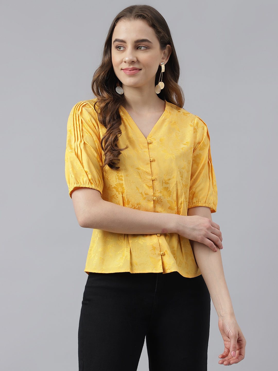 Yellow Floral Print V-Neck With Puffer Sleeve Peplum Top